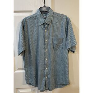 Peter Millar Men's Short Sleeve Button Down Sz L Silk Cotten Blend Blue Checkers